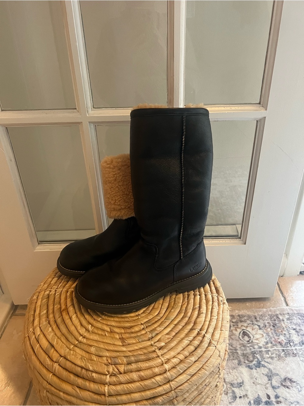 UGG women’s Black Leather Shearling-Trim Tall Boot